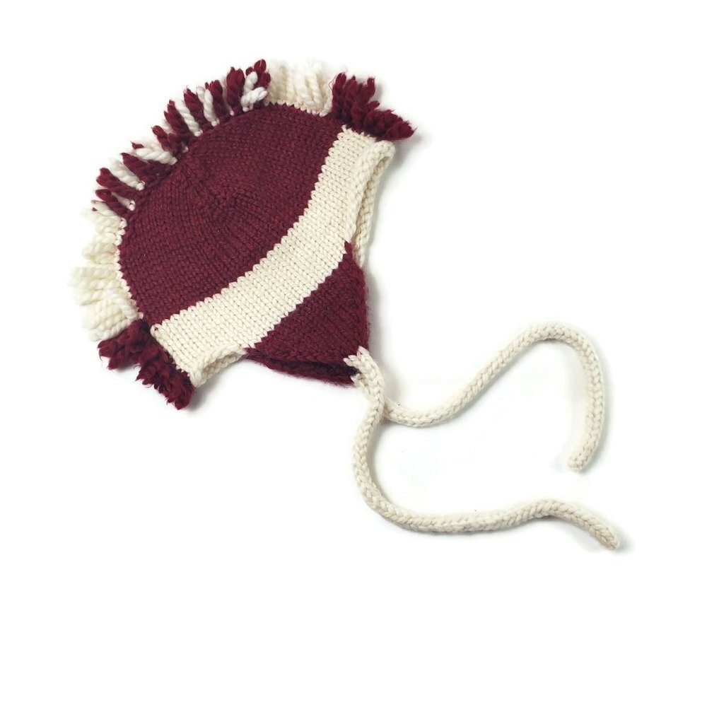 Kids Hand Knit Mohawk Hat Fall Winter Braided One Size‎ Red White Acrylic Yarn